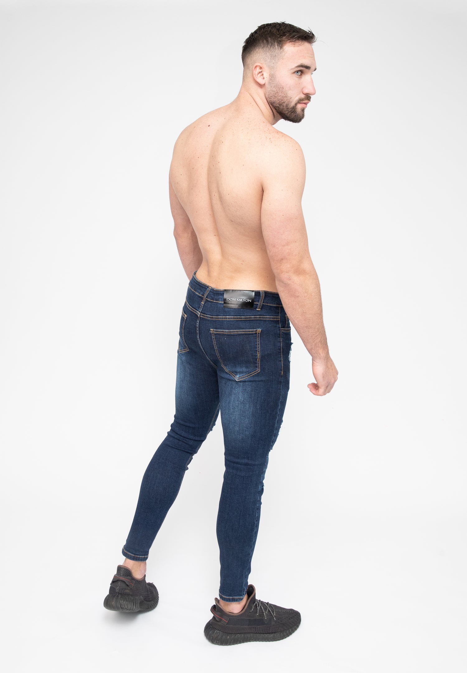 Dark Blue Ripped Skinny Men's Jeans Rear Pose