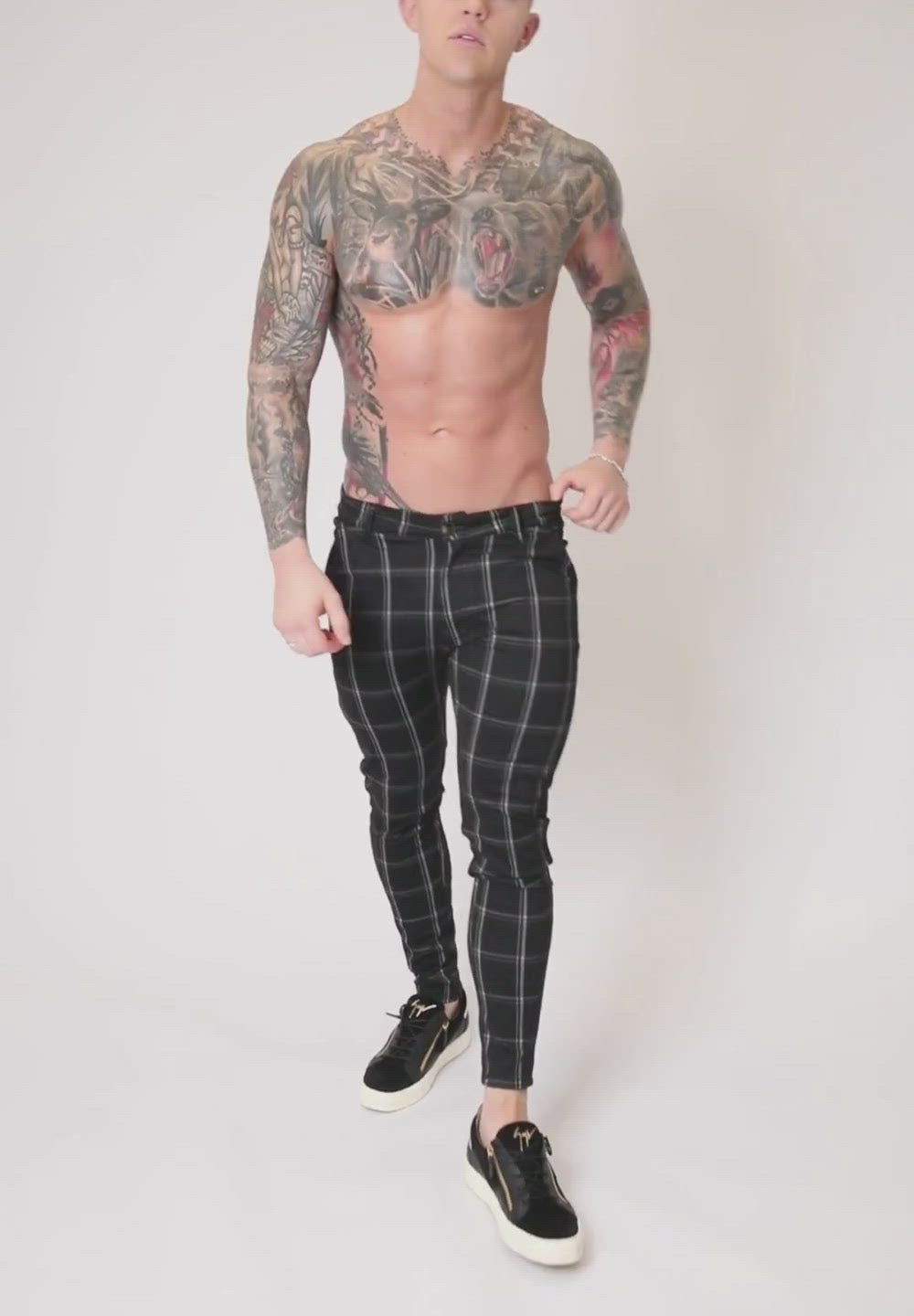 Black Skinny Fit Stretch Men's Check Pattern Chino Pants Video