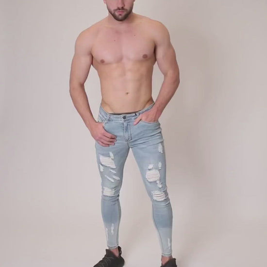 Men's Light Blue Skinny Fit Stretch Jeans Pants Video