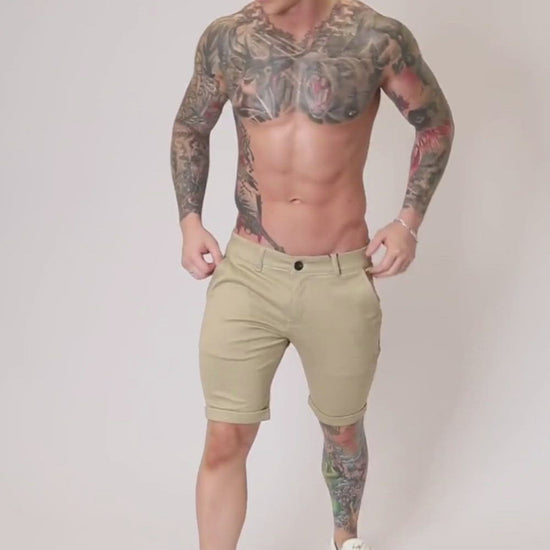 Beige Skinny Fit Stretch Men's Chino Shorts Video