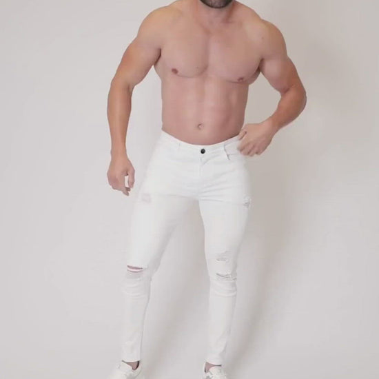Men's White Ripped Skinny Fit Stretch Denim Jeans Pants Video