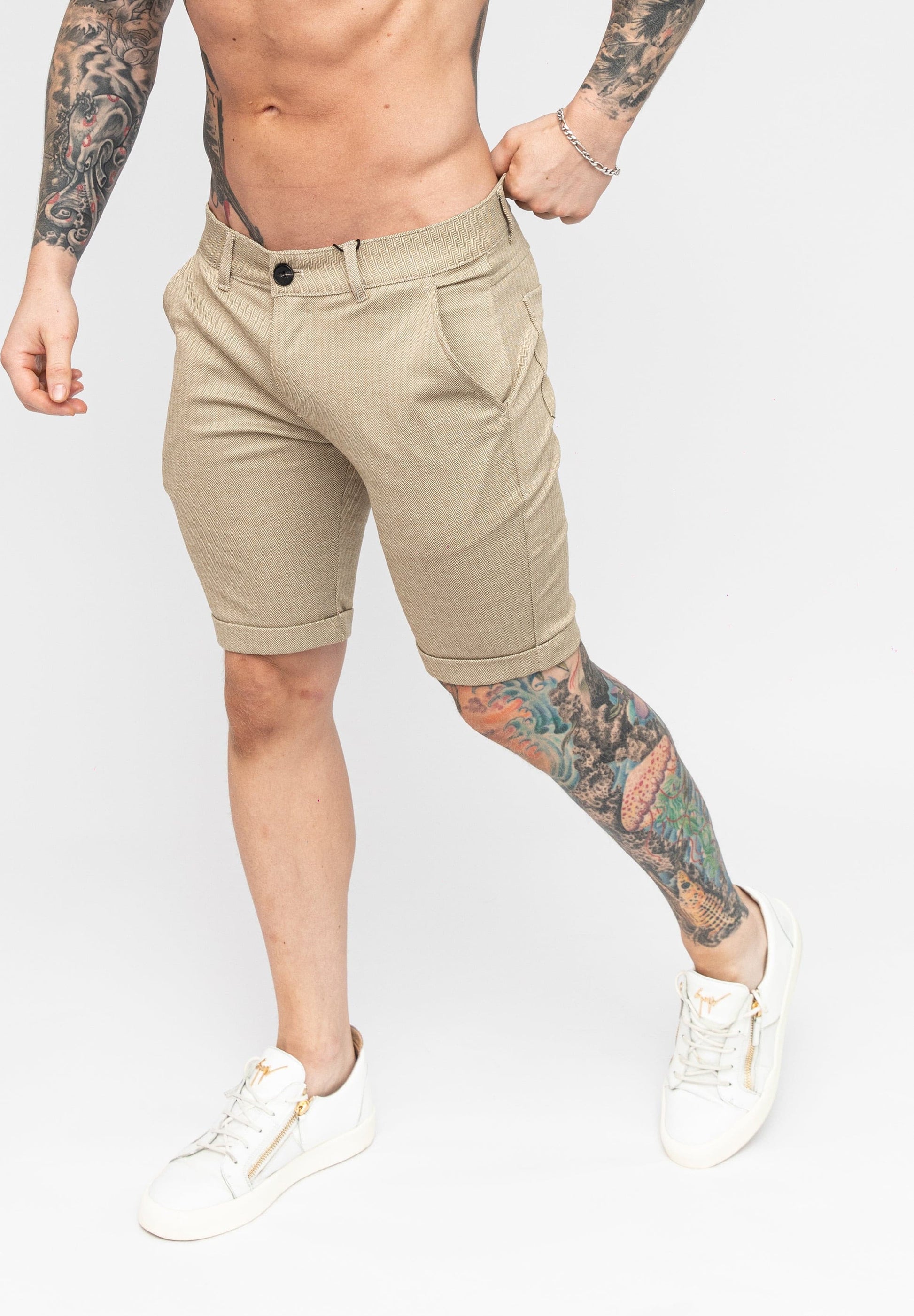 Beige Skinny Fit Stretch Men's Chino Shorts Angle