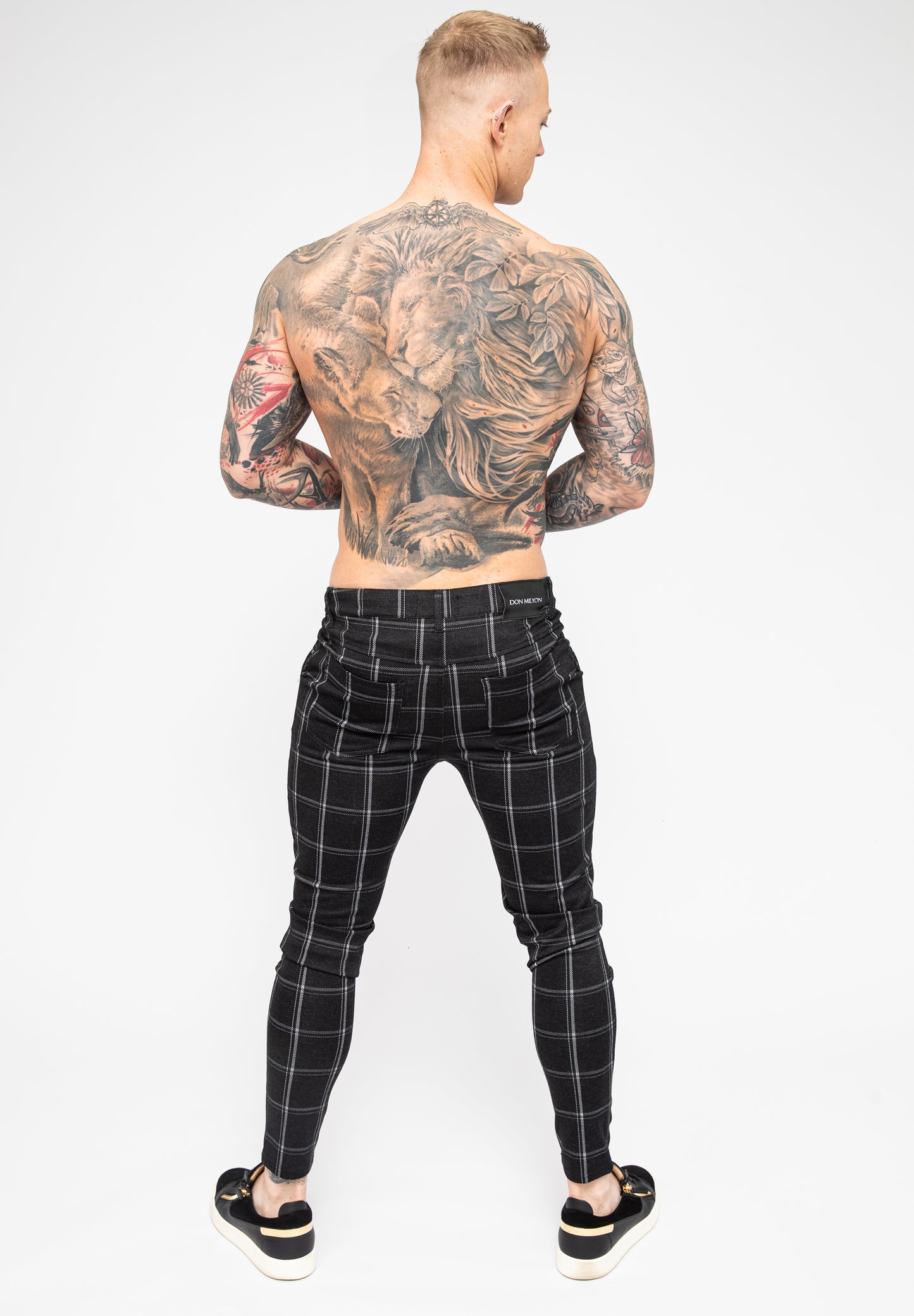 Black Skinny Fit Stretch Men's Check Pattern Chino Pants Rear Glutes