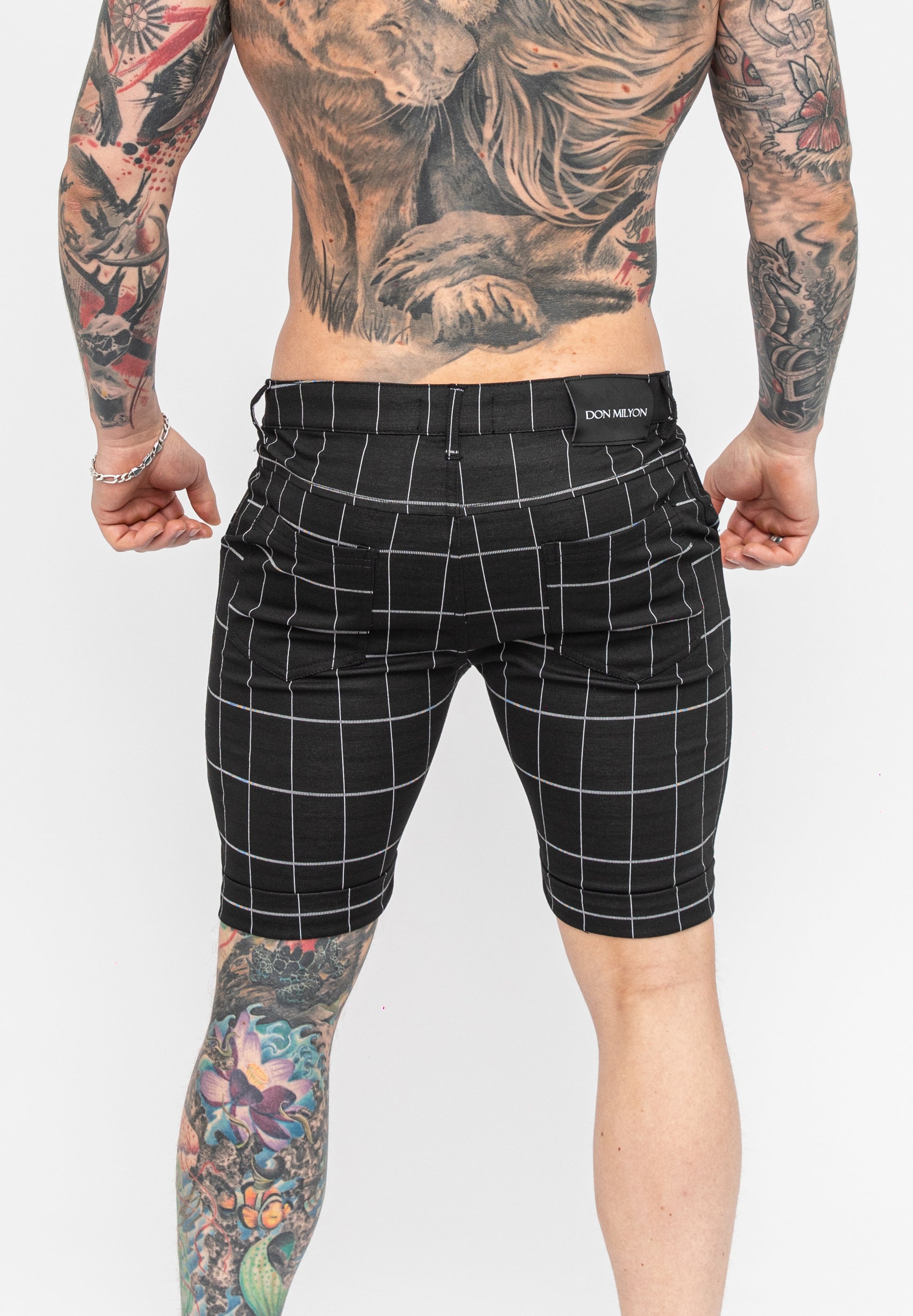 Black Skinny Fit Stretch Men's Check Pattern Chino Shorts Rear Glutes