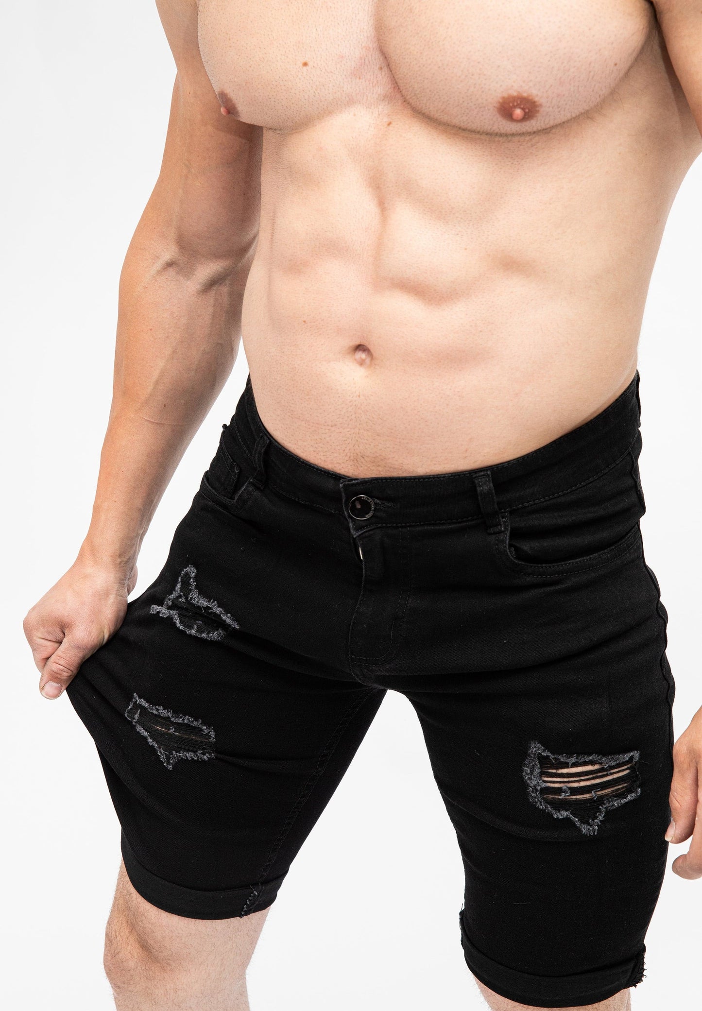 Men's Black Ripped Skinny Fit Stretch Jeans Denim Shorts Front
