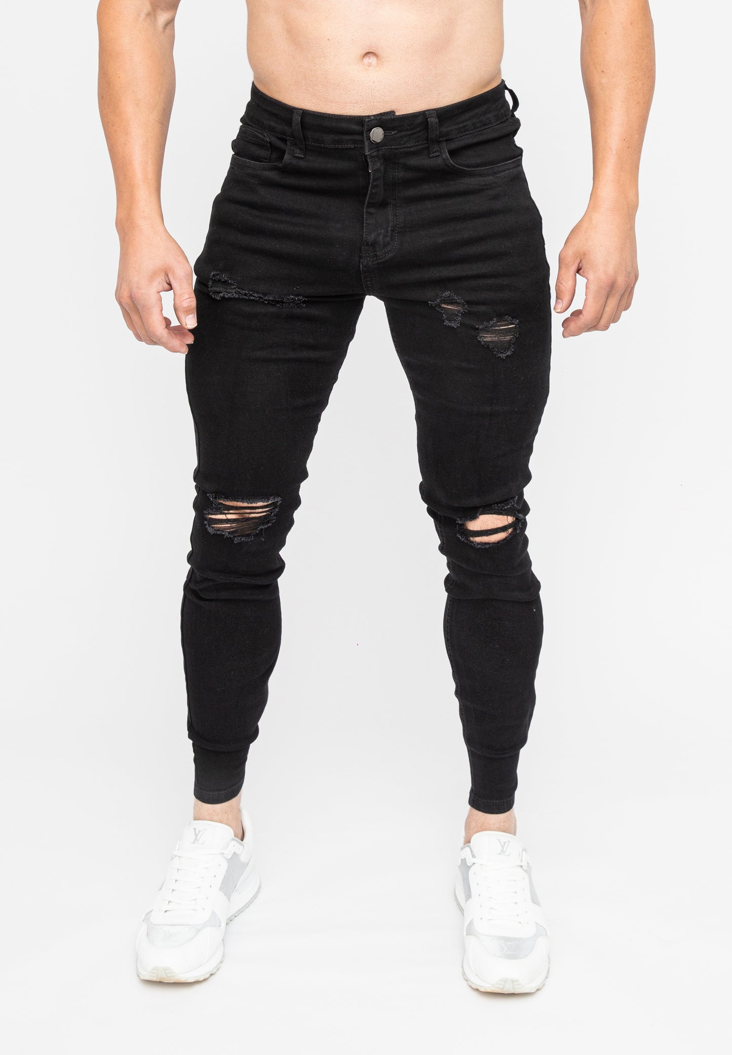 Men's Black Ripped Skinny Fit Stretch Jeans Denim Pants Front