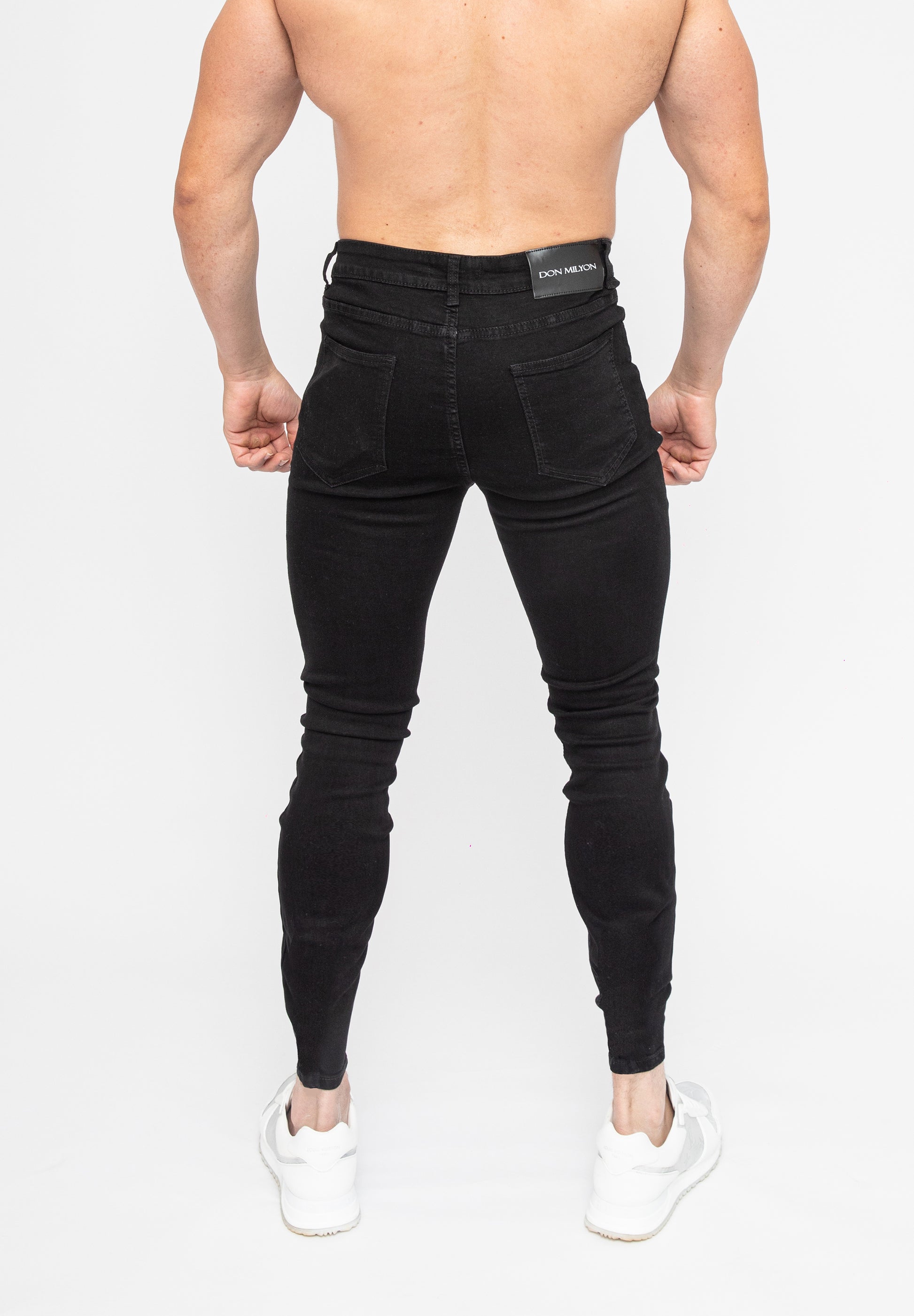 Men's Black Ripped Skinny Fit Stretch Jeans Denim Pants Rear