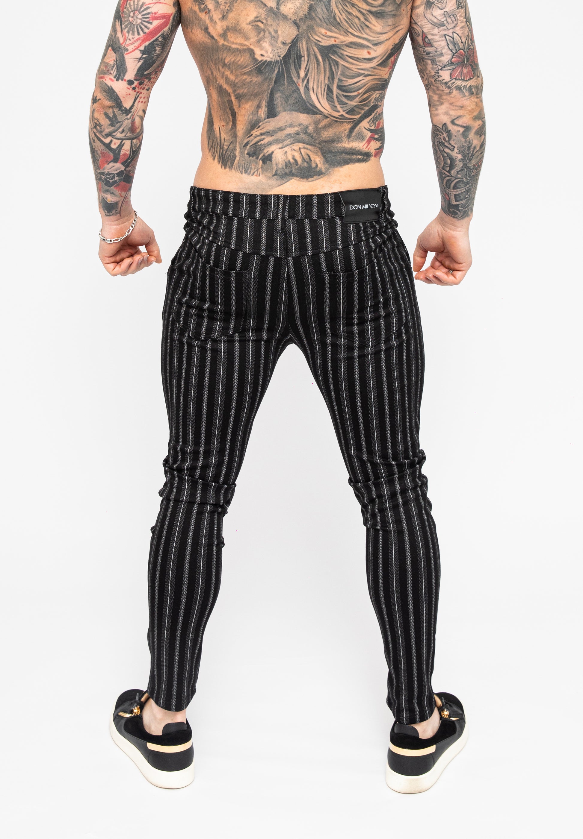 Men's Black Striped Skinny Fit Stretch Chino Pants Rear