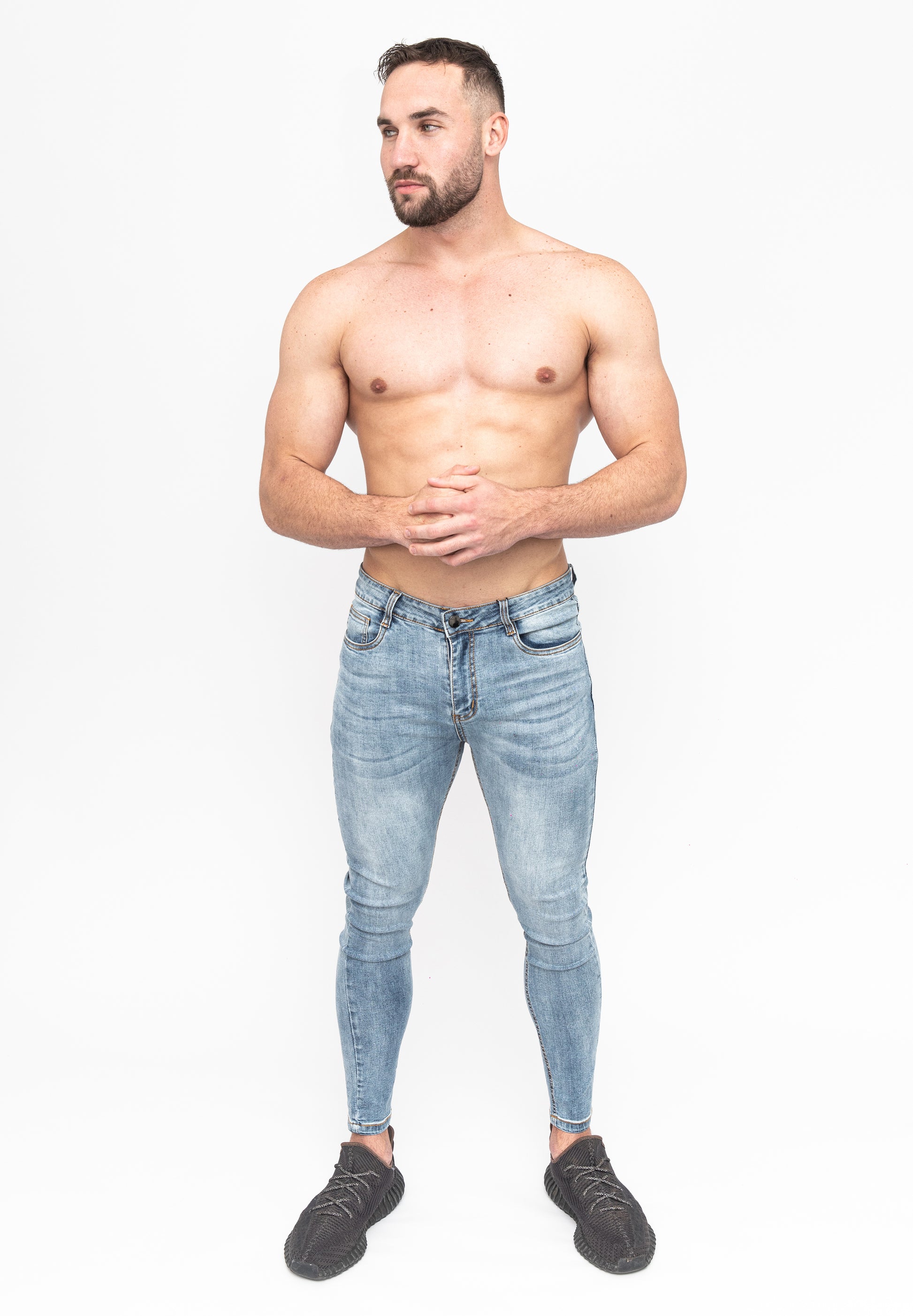 Men's Blue Skinny Fit Stretch Jeans Pants Pose