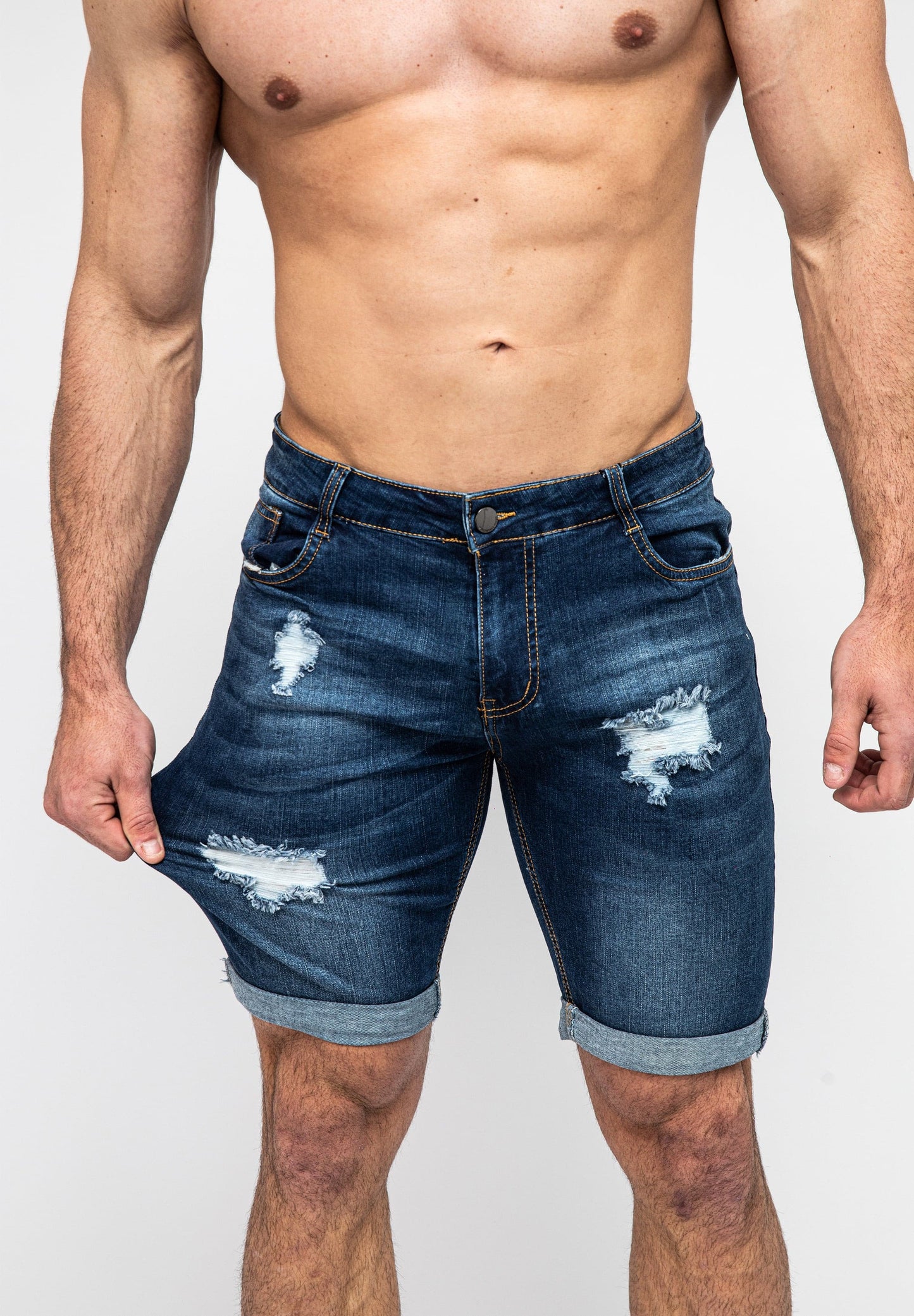 Blue Ripped Skinny Men's Jeans Shorts Front Stretch Denim