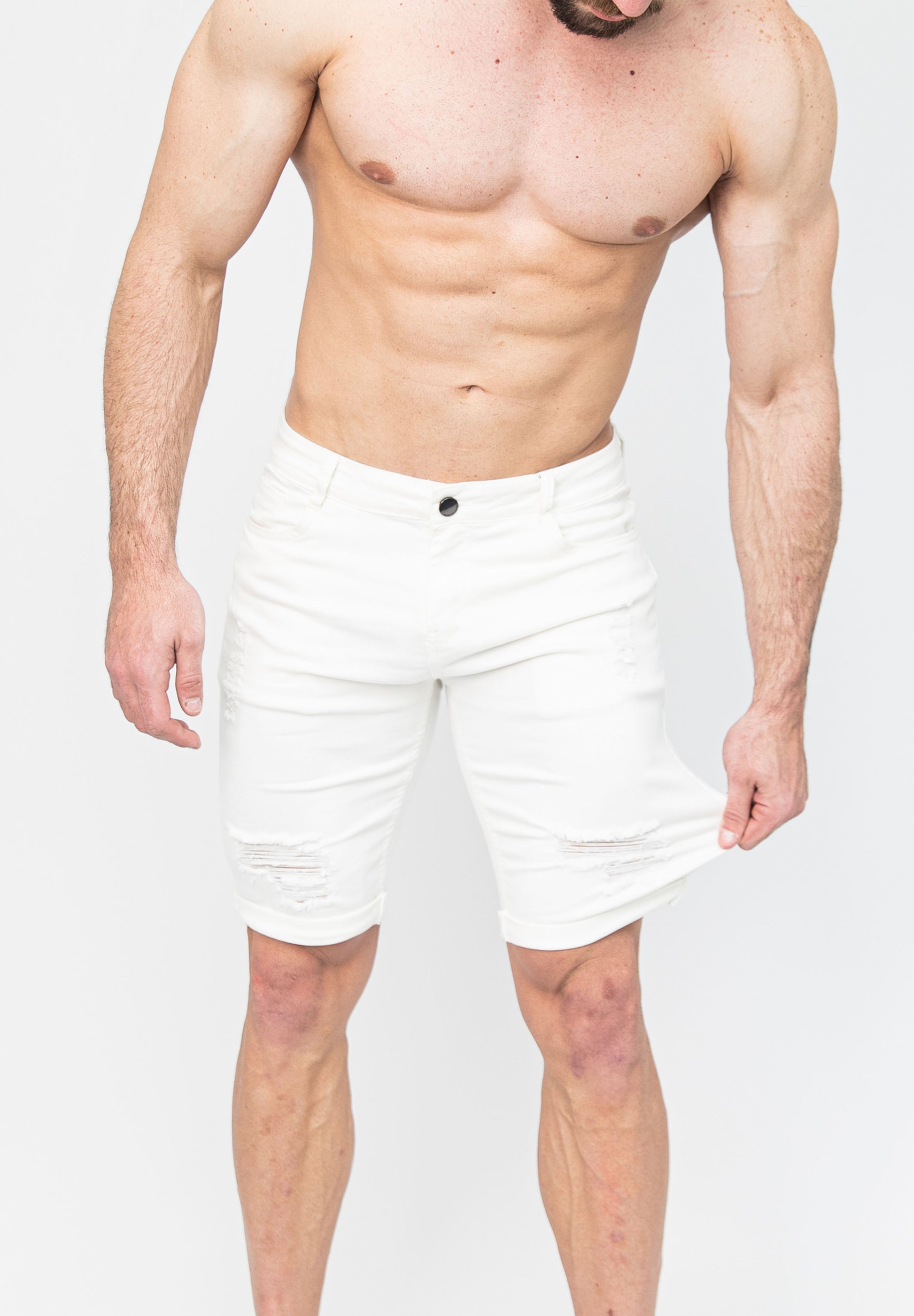 Men's White Ripped Skinny Fit Stretch Denim Jeans Shorts