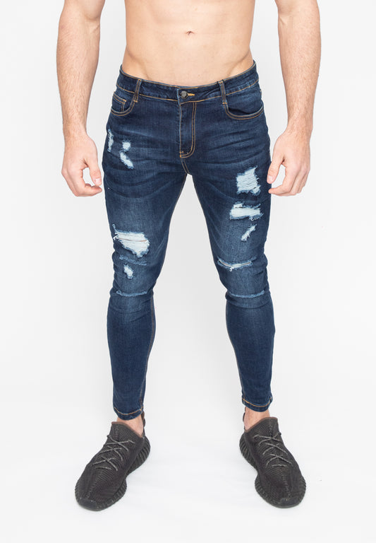 Men's Dark Blue Ripped Patched Skinny Fit Stretch Jeans Pants