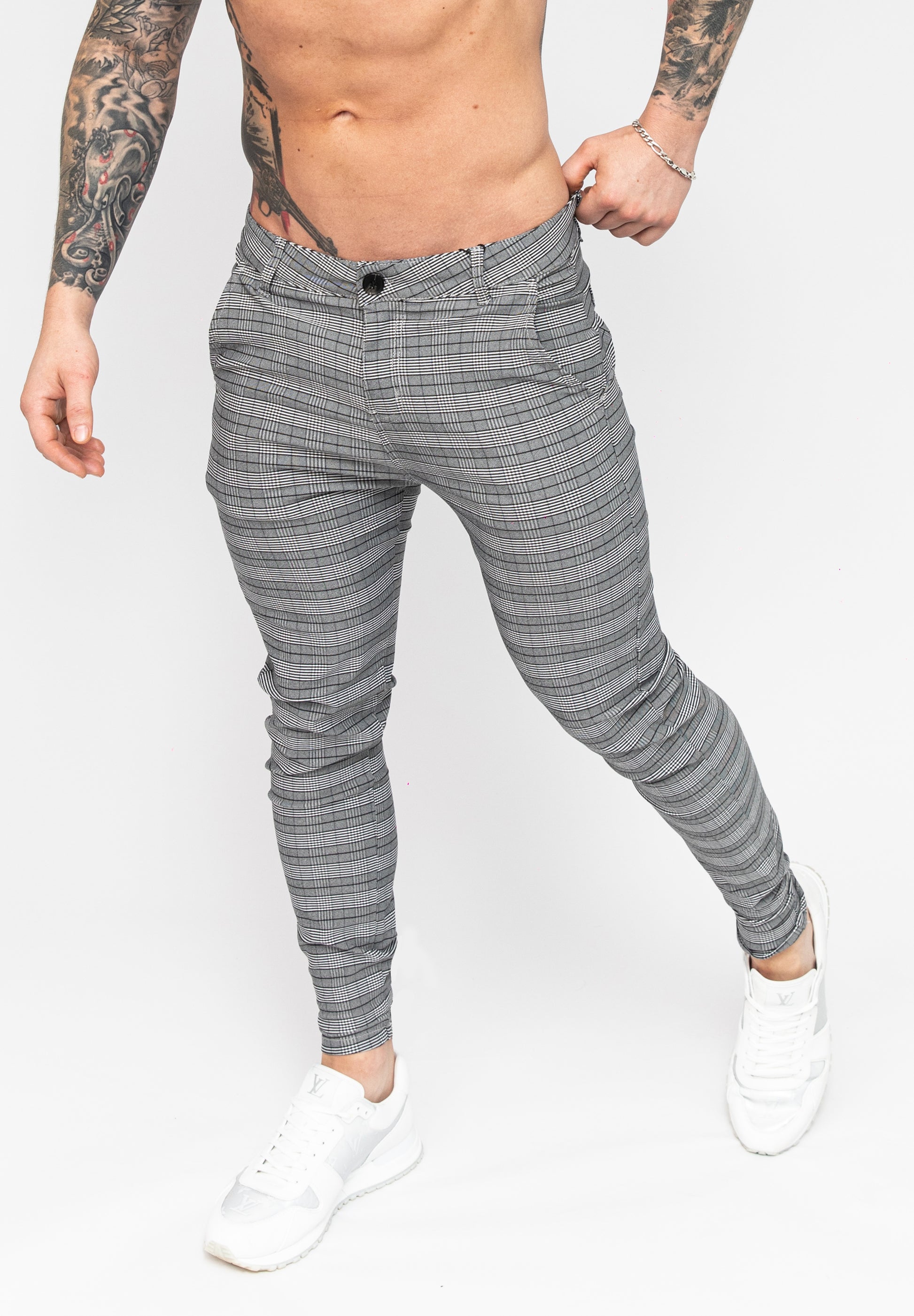 Men's Grey Check Pattern Skinny Fit Stretch Chino Pants Angle Pose