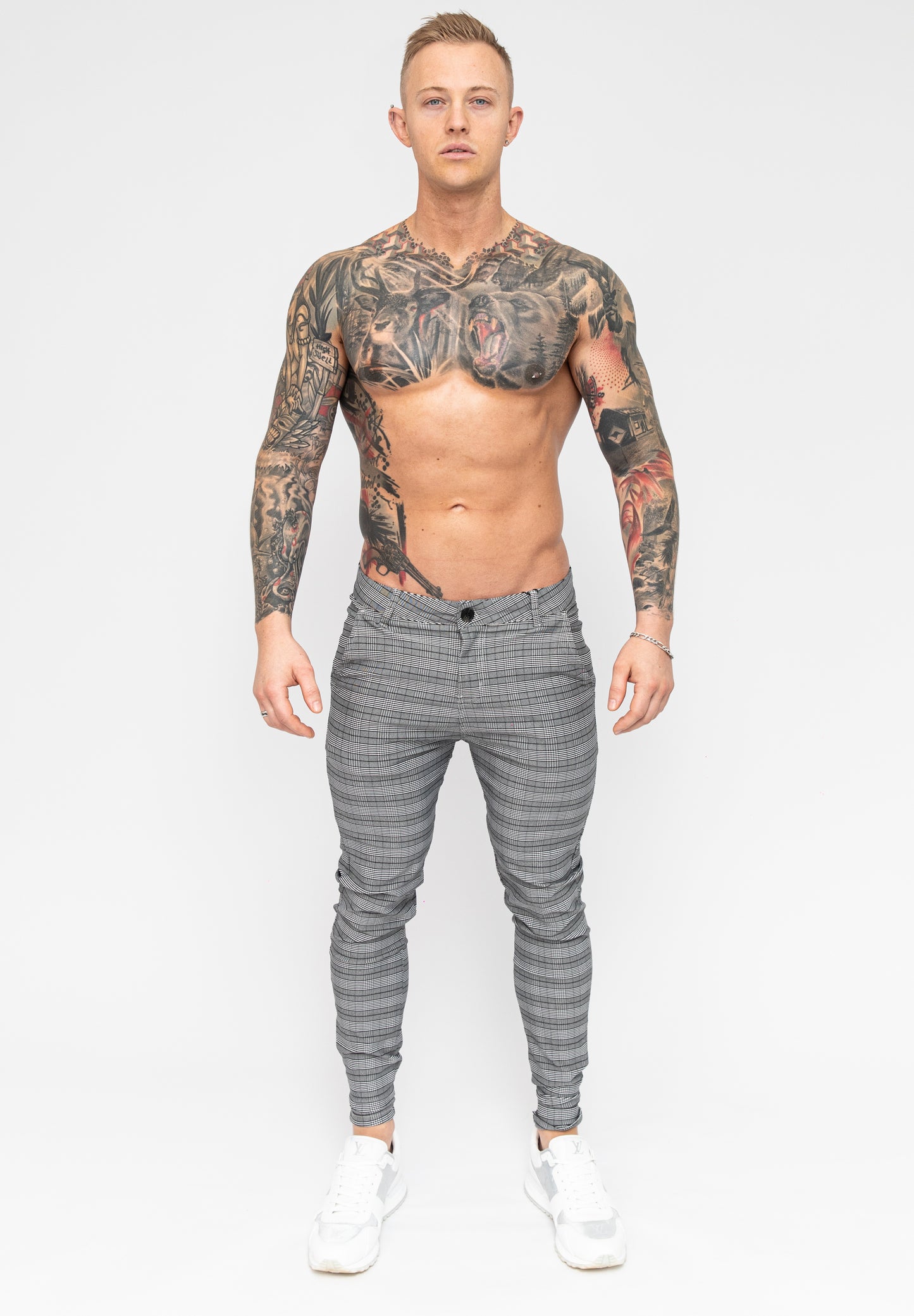 Men's Grey Check Pattern Skinny Fit Stretch Chino Pants