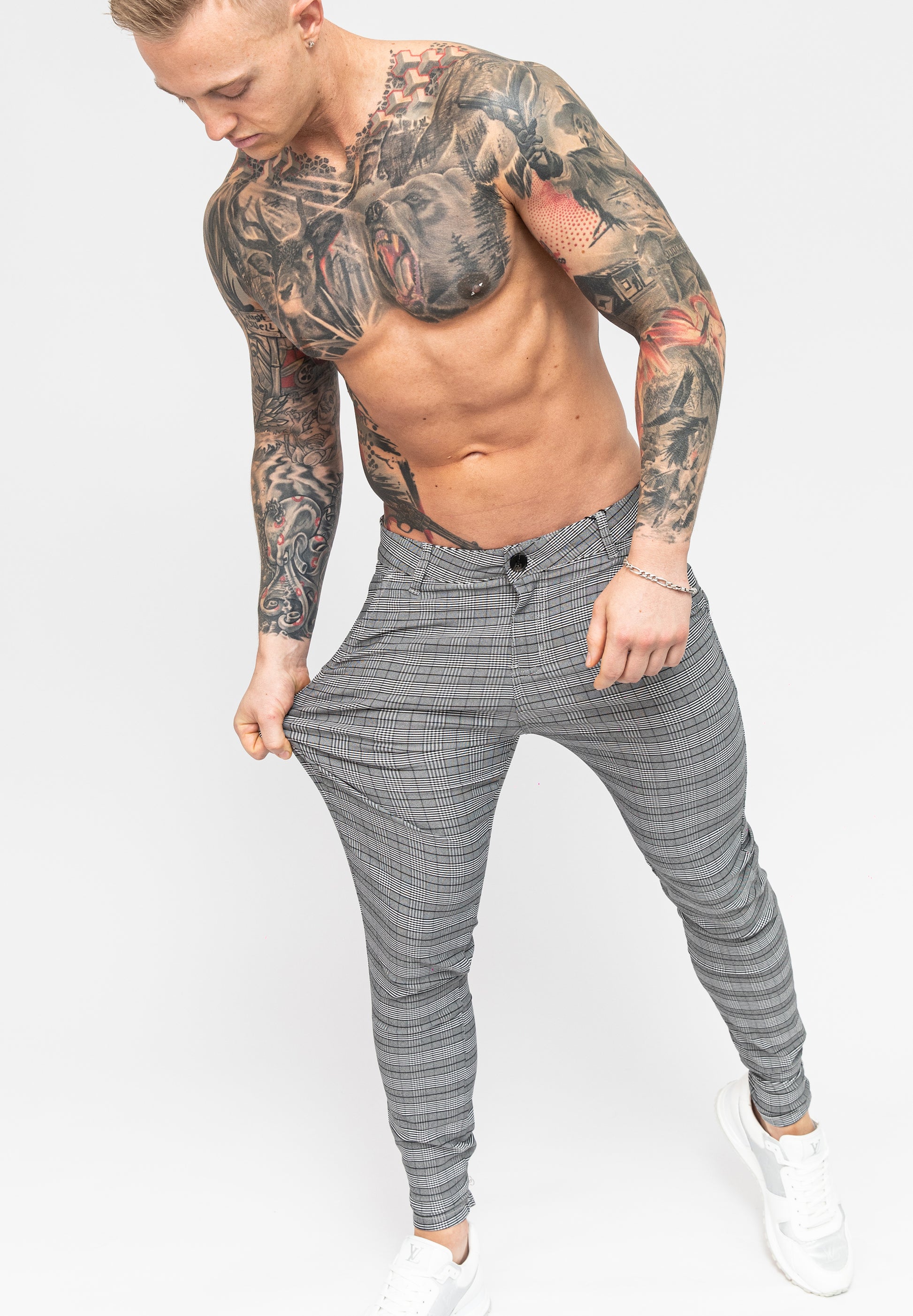 Men's Grey Check Pattern Skinny Fit Stretch Chino Pants