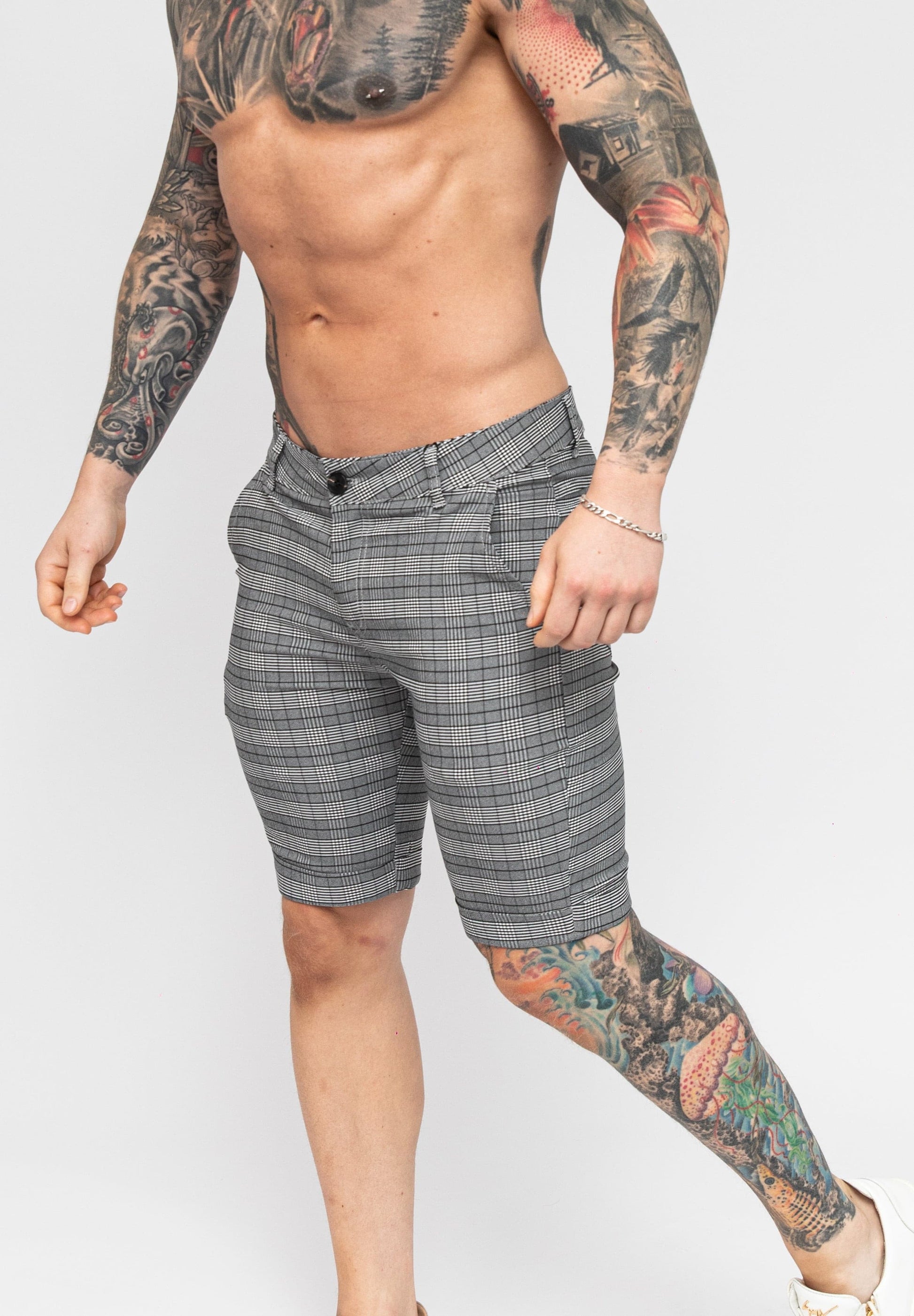 Men's Grey Check Pattern Skinny Fit Stretch Chino Shorts Angle