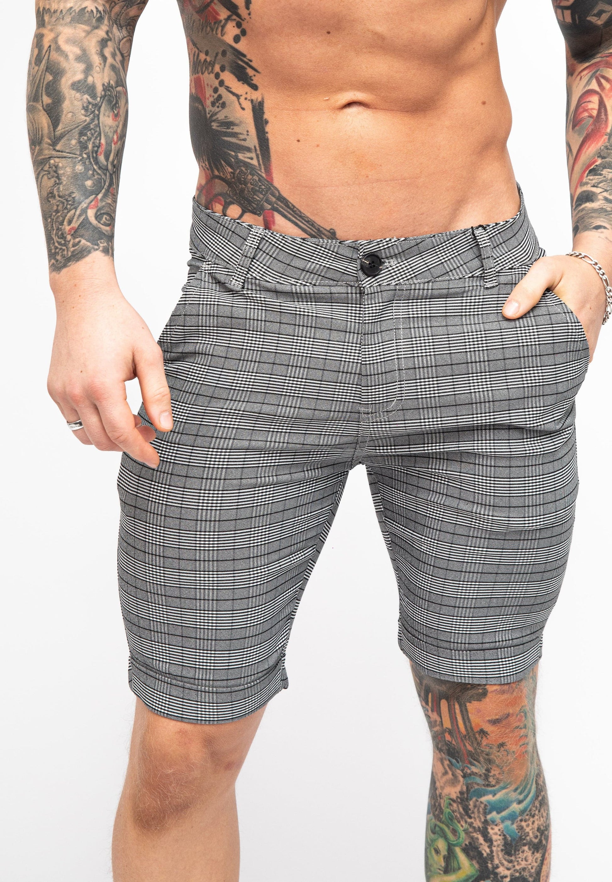 Men's Grey Check Pattern Skinny Fit Stretch Chino Shorts Pocket