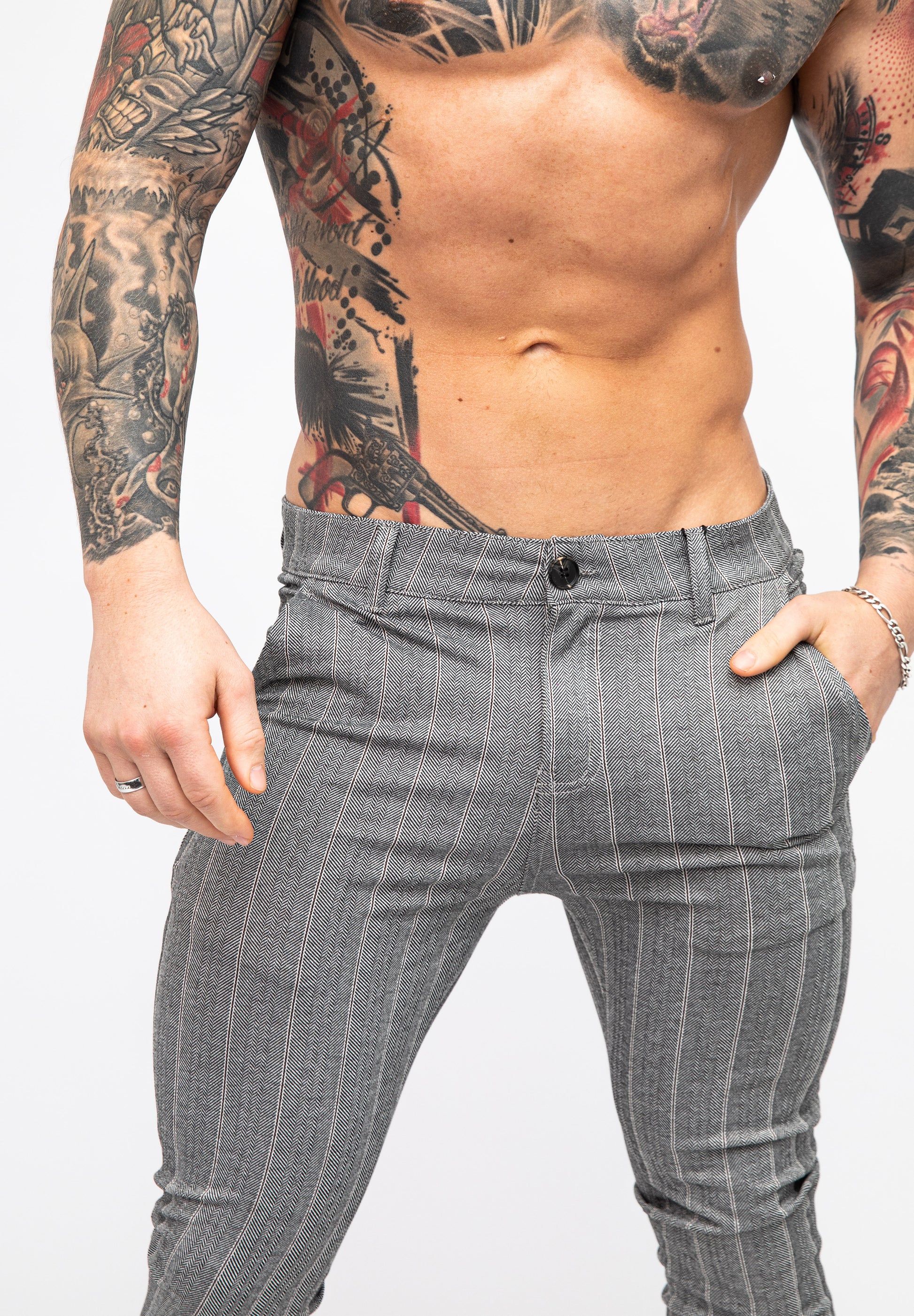 Men's Grey Striped Skinny Fit Stretch Chino Pants Pose