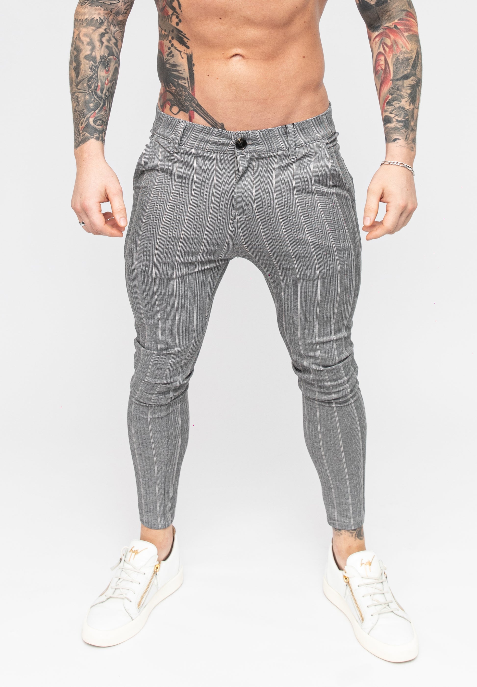 Men's Grey Striped Skinny Fit Stretch Chino Pants