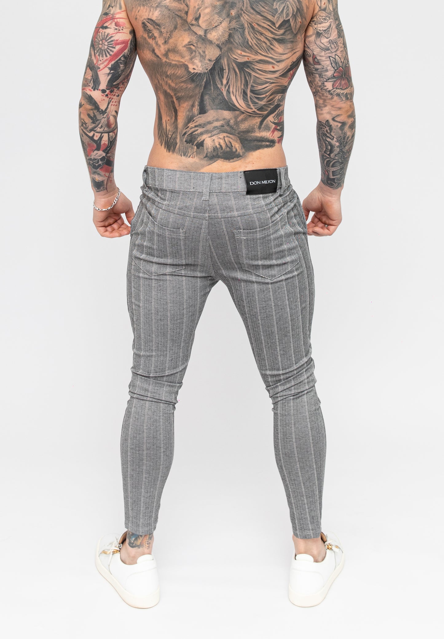 Men's Grey Striped Skinny Fit Stretch Chino Pants Rear