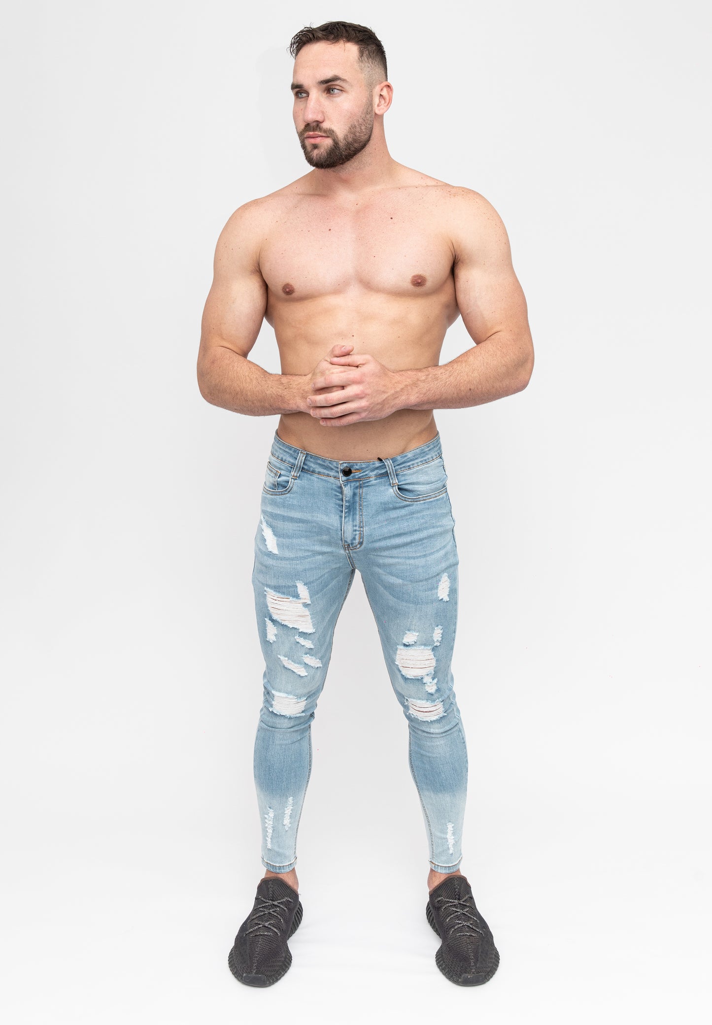 Men's Light Blue Skinny Fit Stretch Jeans Pants Pose