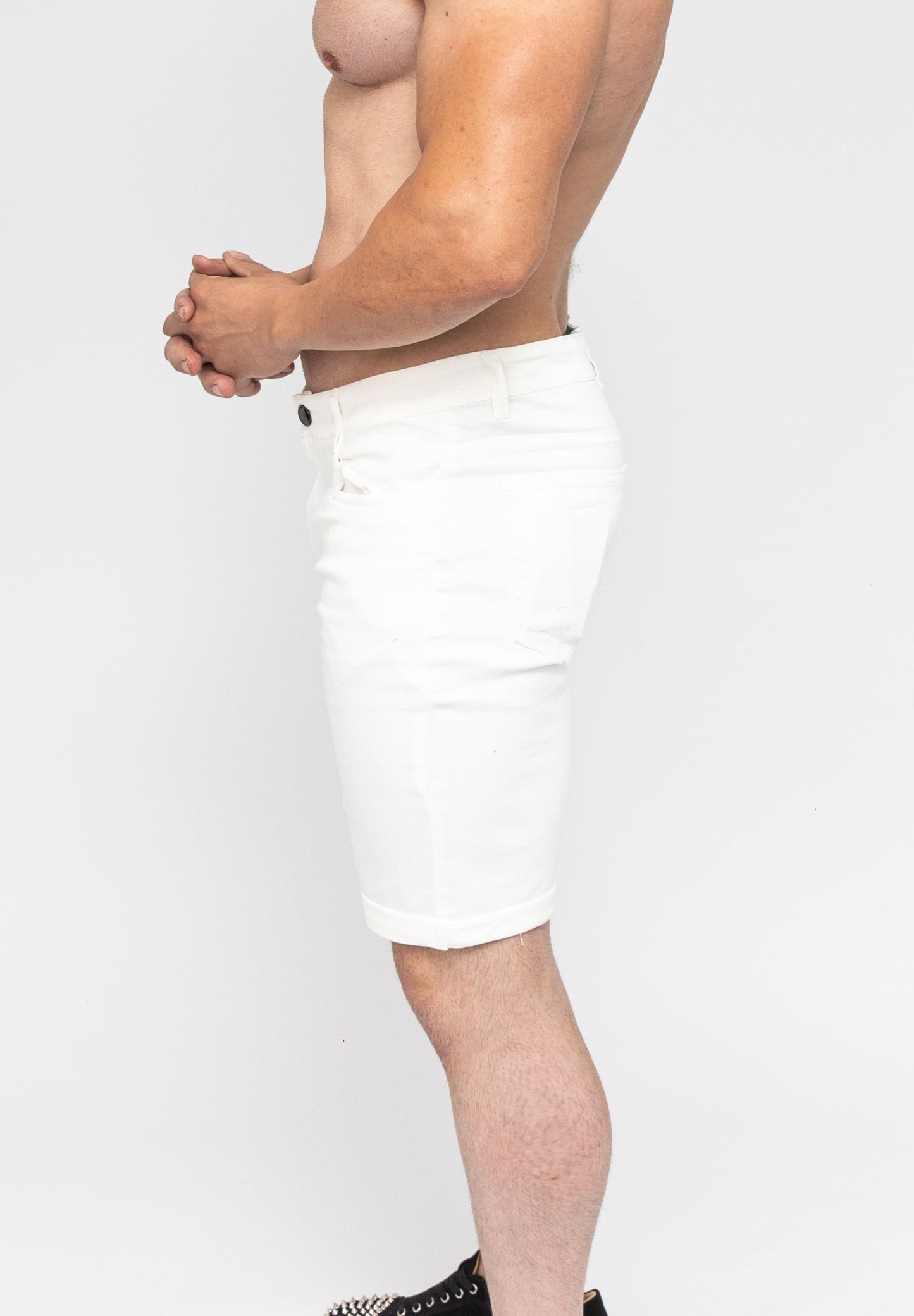 Men's White Skinny Fit Stretch Denim Jeans Shorts Side