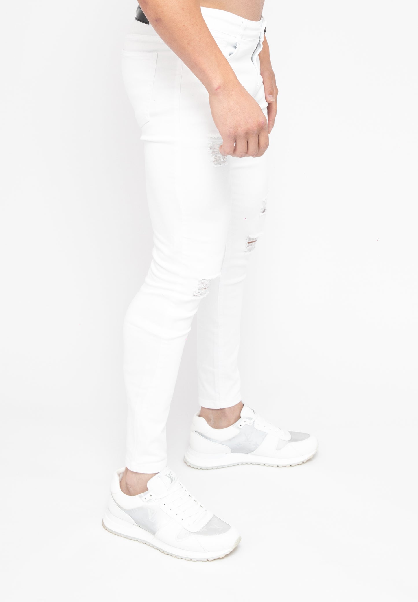 Men's White Ripped Skinny Fit Stretch Denim Jeans Pants Angle