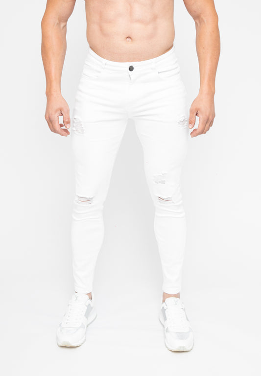 Men's White Ripped Skinny Fit Stretch Denim Jeans Pants
