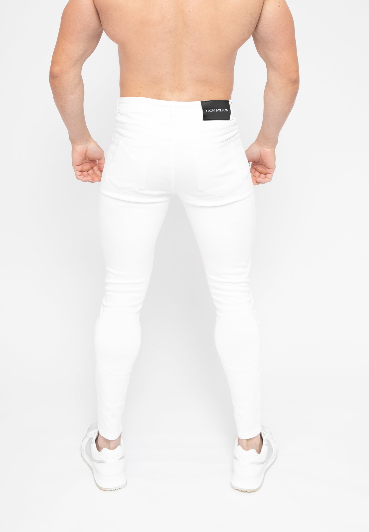 Men's White Ripped Skinny Fit Stretch Denim Jeans Pants Rear
