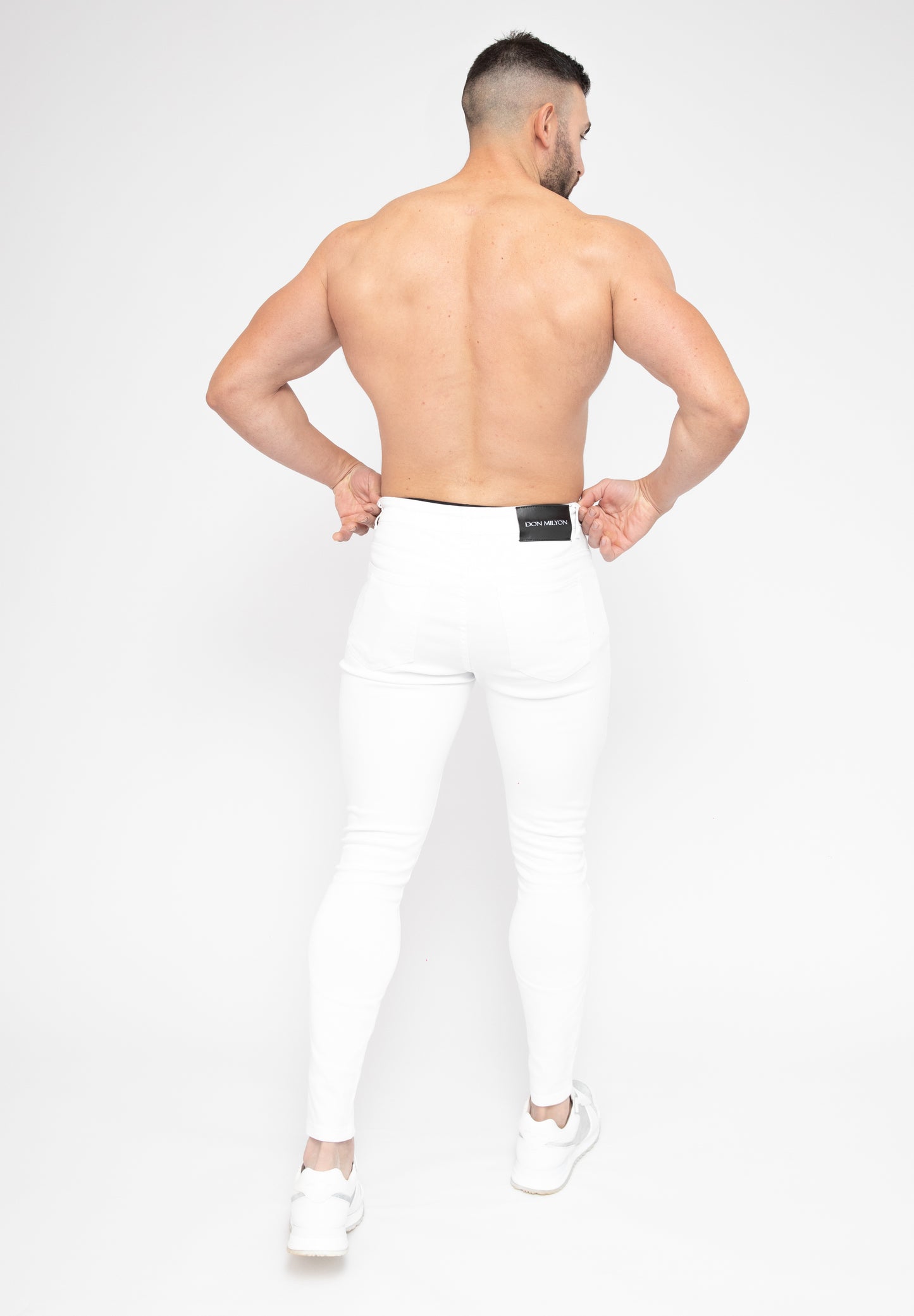 Men's White Ripped Skinny Fit Stretch Denim Jeans Pants Rear 