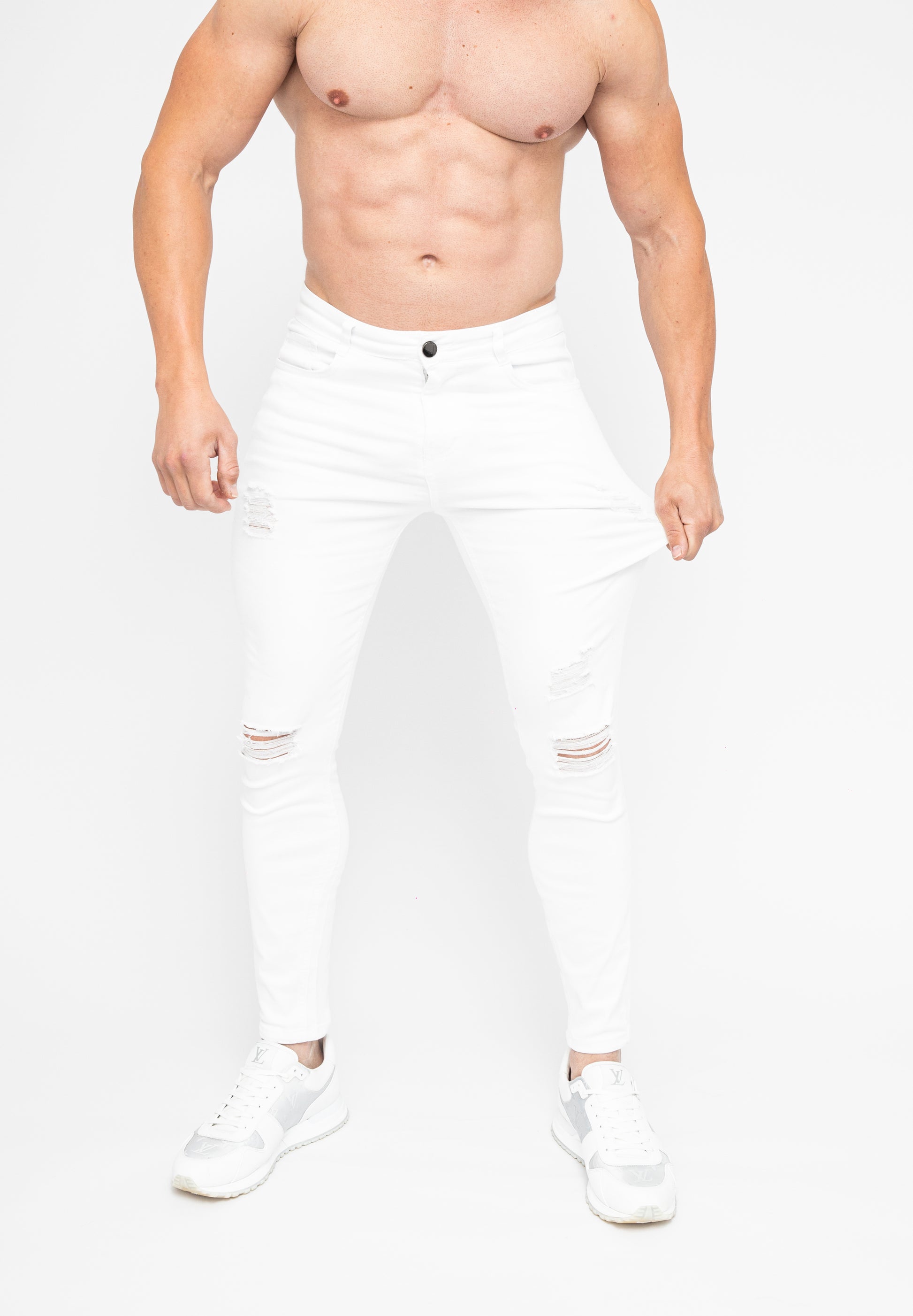 Men's White Ripped Skinny Fit Stretch Denim Jeans Pants