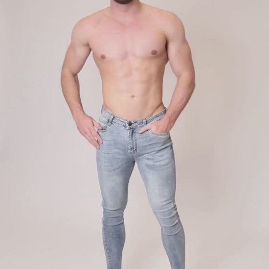 Men's Blue Skinny Fit Stretch Jeans Pants Video
