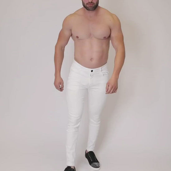Men's White Basic Skinny Fit Stretch Denim Jeans Pants Video