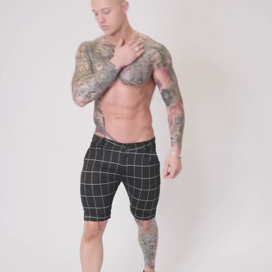 Black Skinny Fit Stretch Men's Check Pattern Chino Shorts Video
