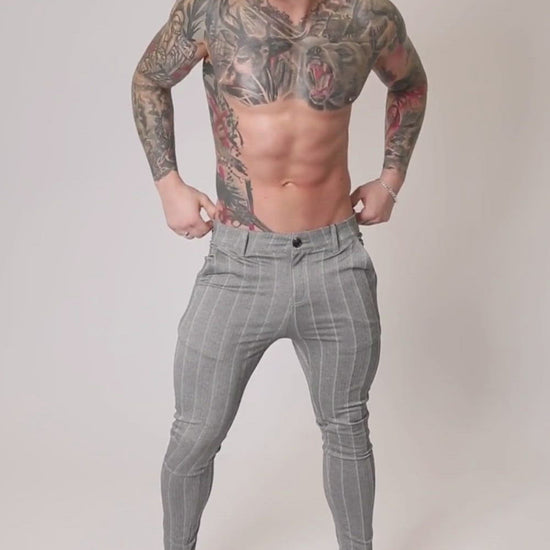 Men's Grey Striped Skinny Fit Stretch Chino Pants Video