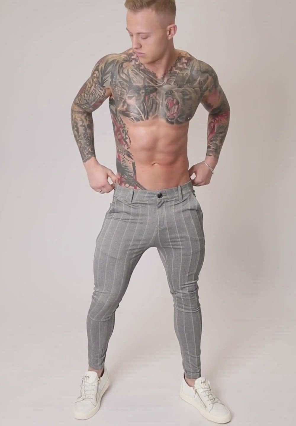 Men's Grey Striped Skinny Fit Stretch Chino Pants Video