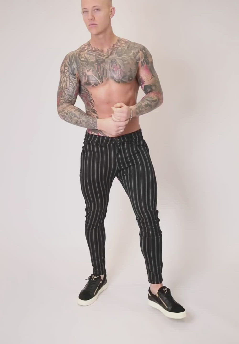 Men's Black Striped Skinny Fit Stretch Chino Pants Video