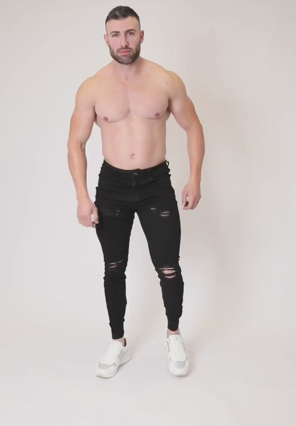 Men's Black Ripped Skinny Fit Stretch Jeans Denim Pants Video